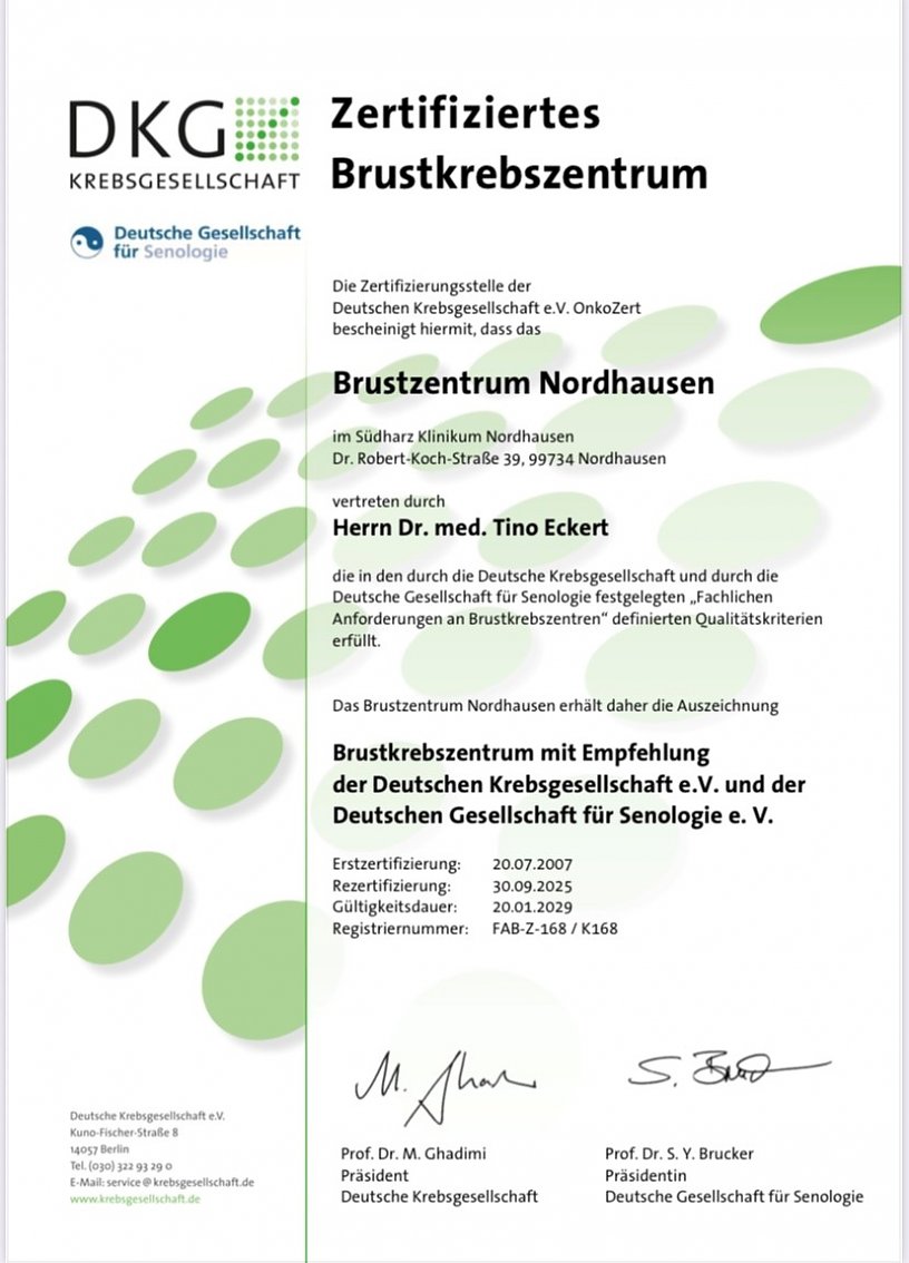 Zertifikat Brustkrebszentrum Nordhausen  (Foto: DKG Deutsche Krebsgesellschaft)