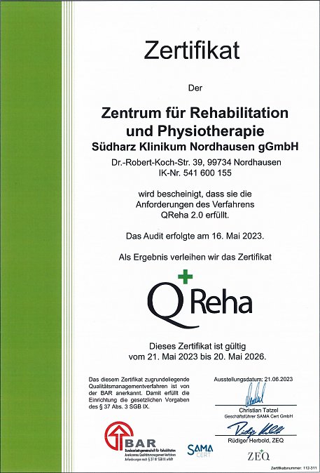 Urkunde – Zentrums für Rehabilitation und Physiotherapie (Foto: SHK)