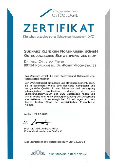 zertifiziertes Osteologisches Schwerpunktzentrum  (Foto: DVO / S&uuml;dharz Klinikum )