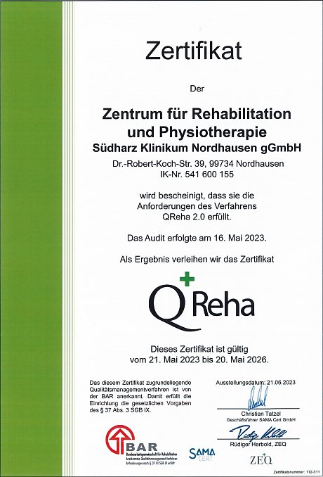 Urkunde  Zentrums für Rehabilitation und Physiotherapie (Foto: SHK)